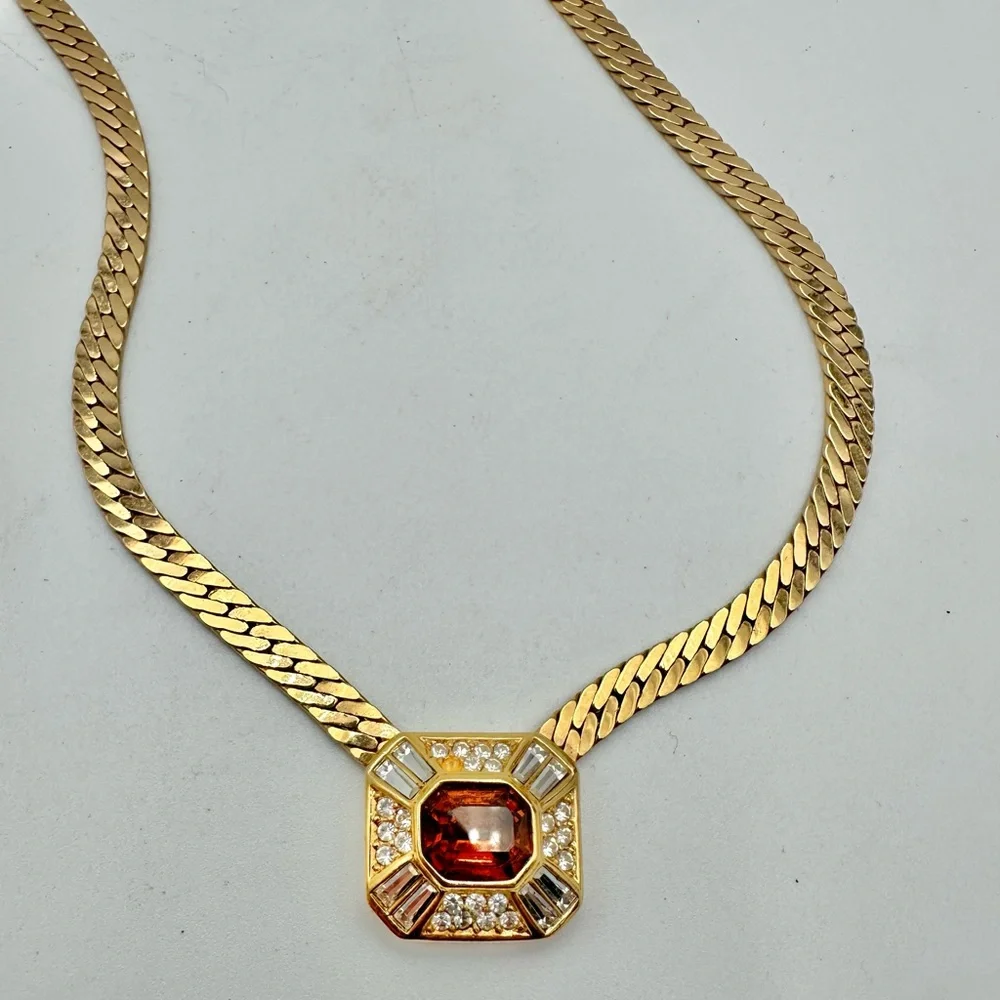Vintage Dior Gold Necklace Amber Rhinestone Chain 80s 90s - Picture 4 of 9